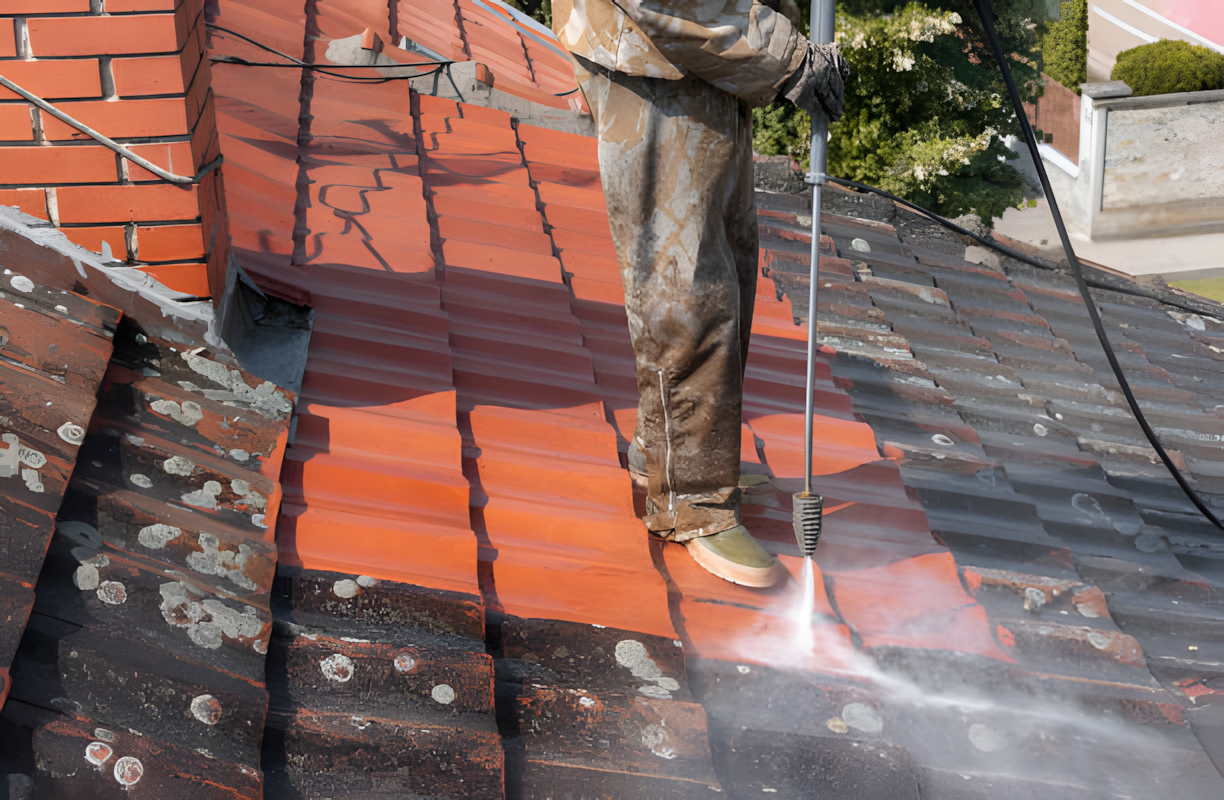 artisan couvreur effectuant un démoussage sur une toiture